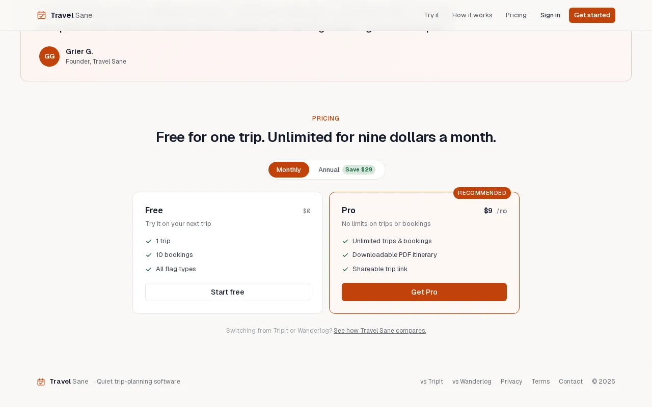 Travel Sane — pricing page
