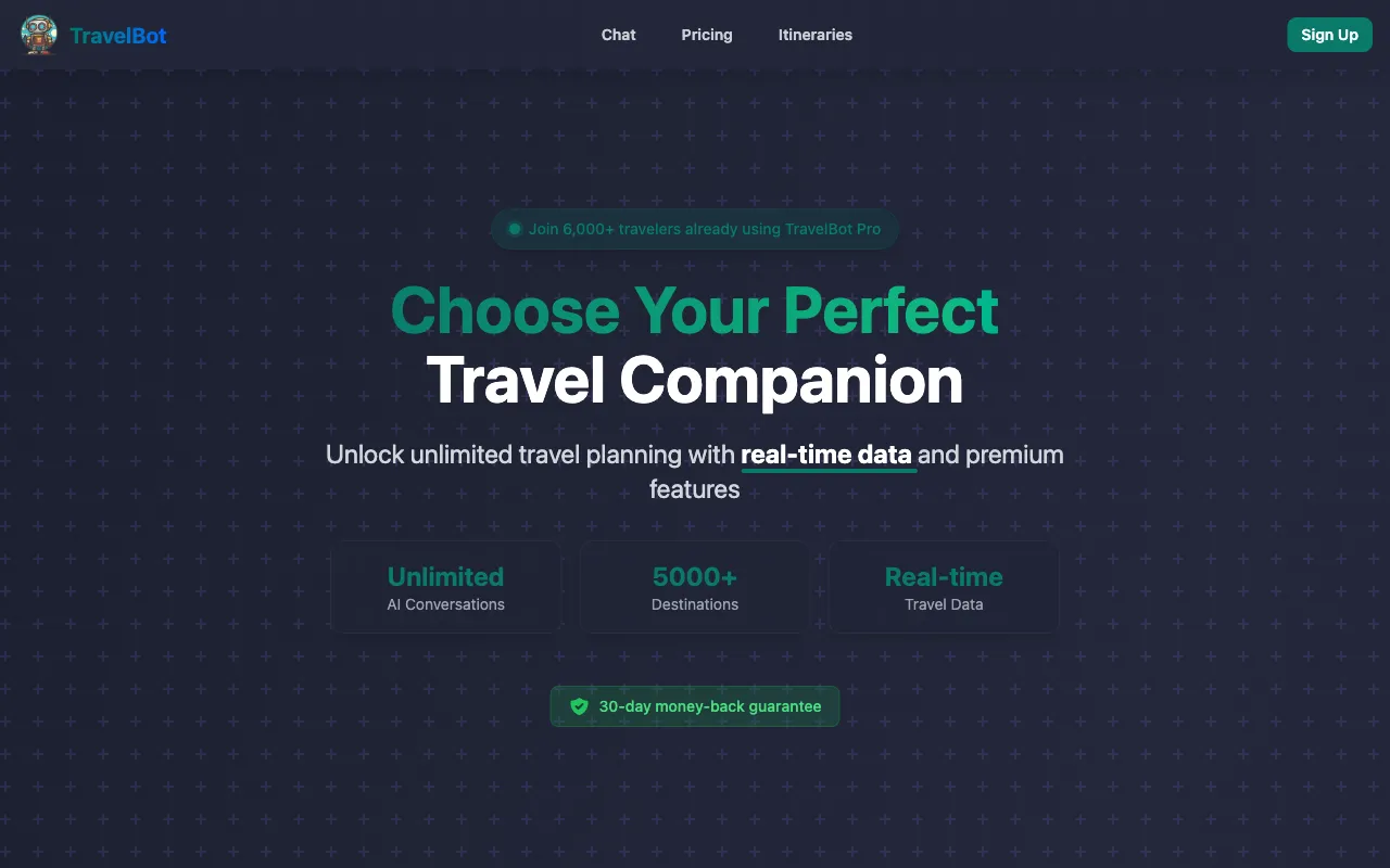TravelBot AI Travel Assistant — pricing page