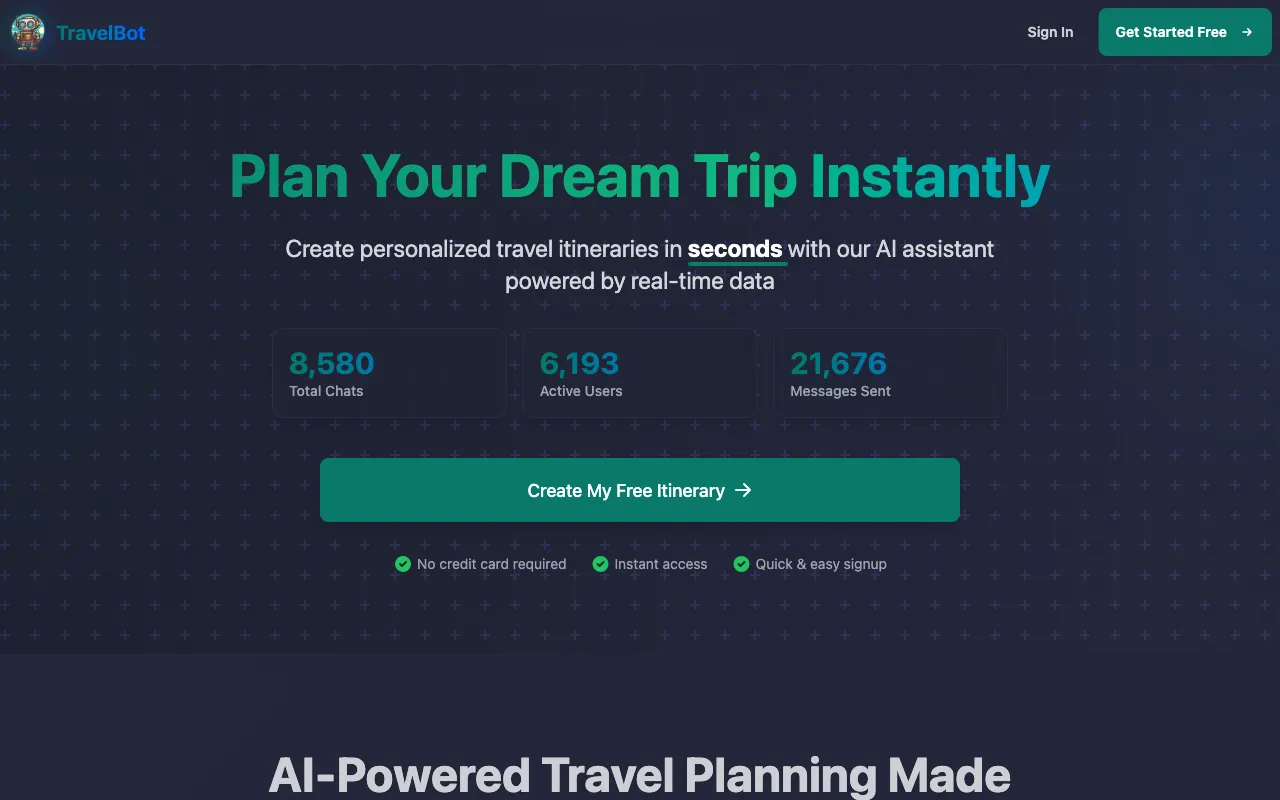 TravelBot AI Travel Assistant — preview screenshot