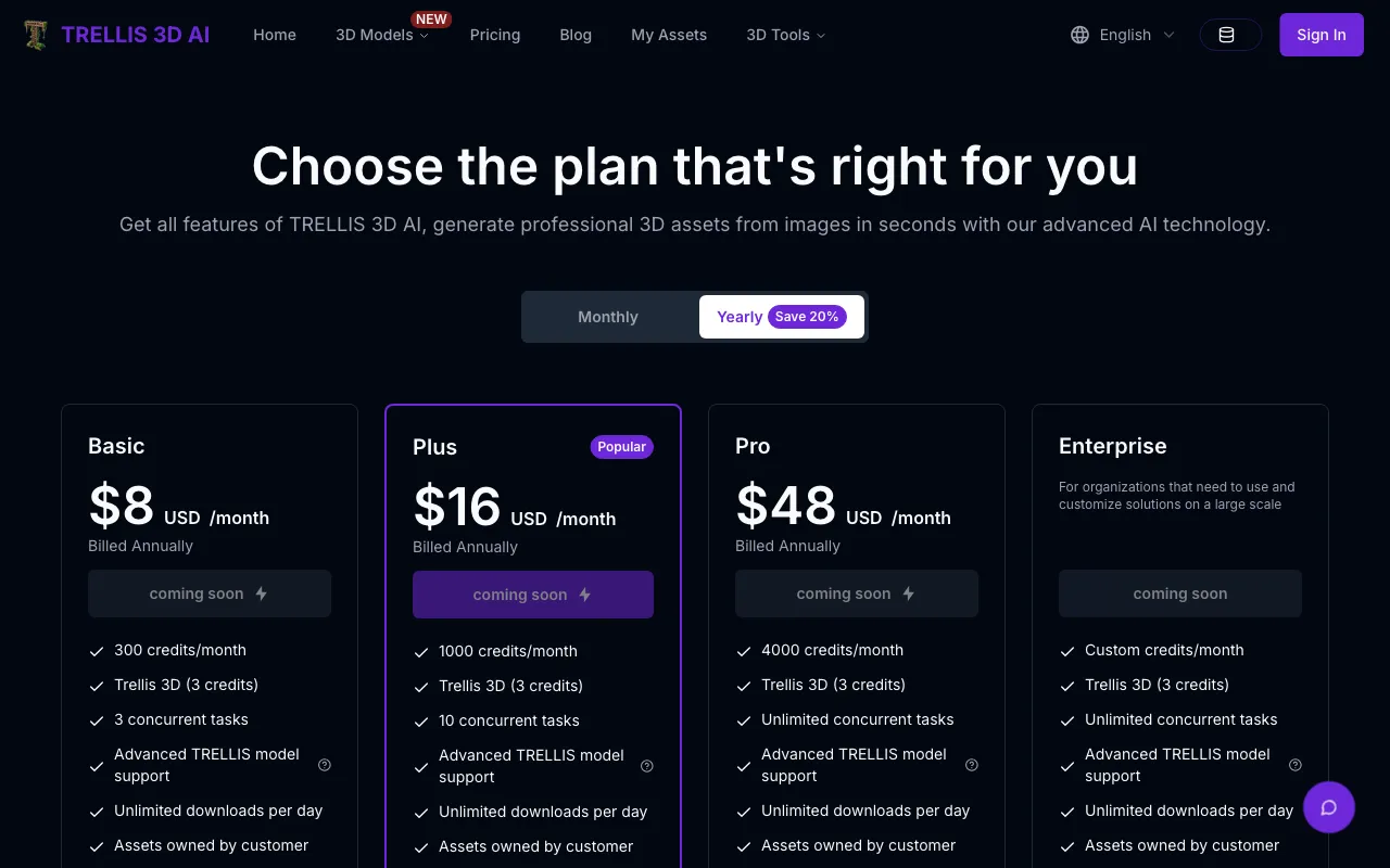 TRELLIS 3D AI — pricing page