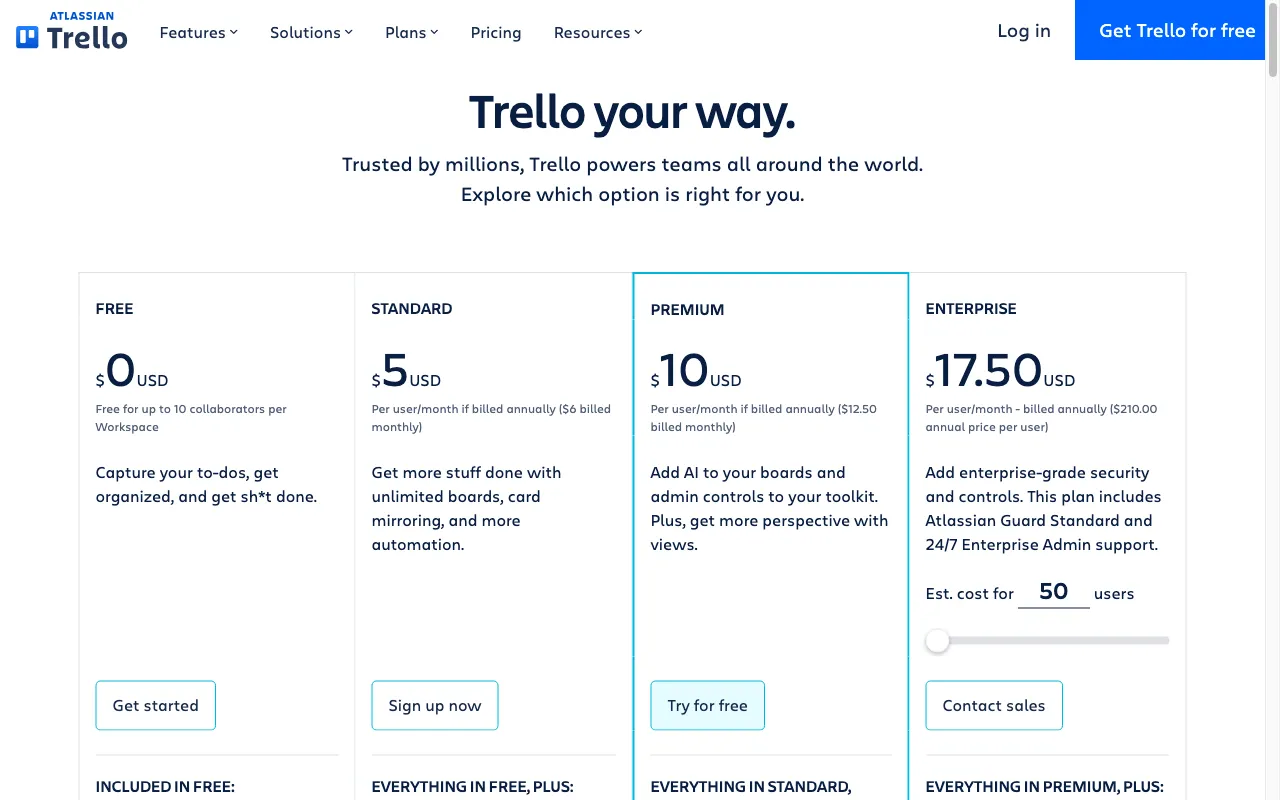 Trello — pricing page