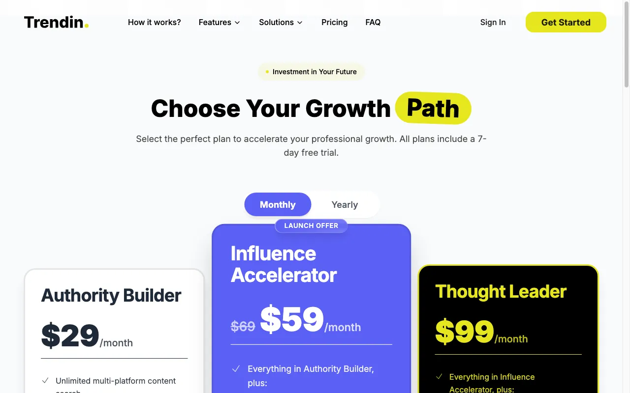 Trendin — pricing page