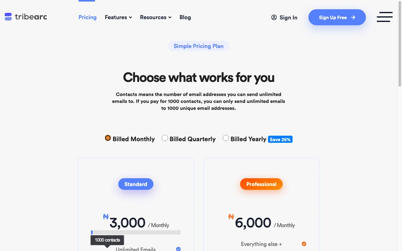 TribeArc — pricing page