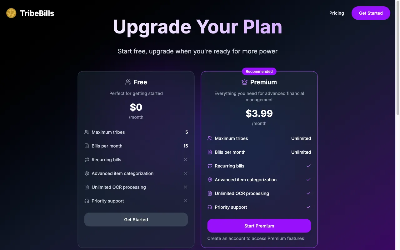 TribeBills — pricing page