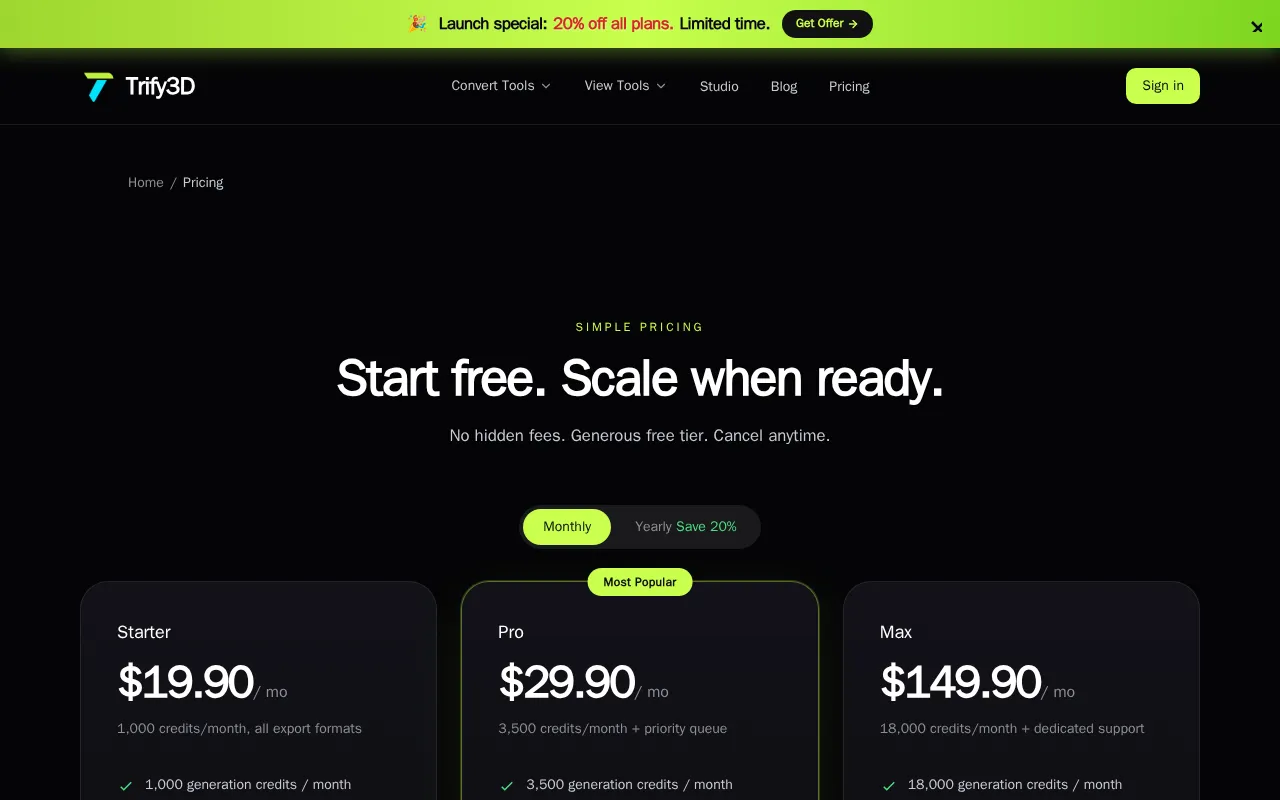Trify3D — pricing page