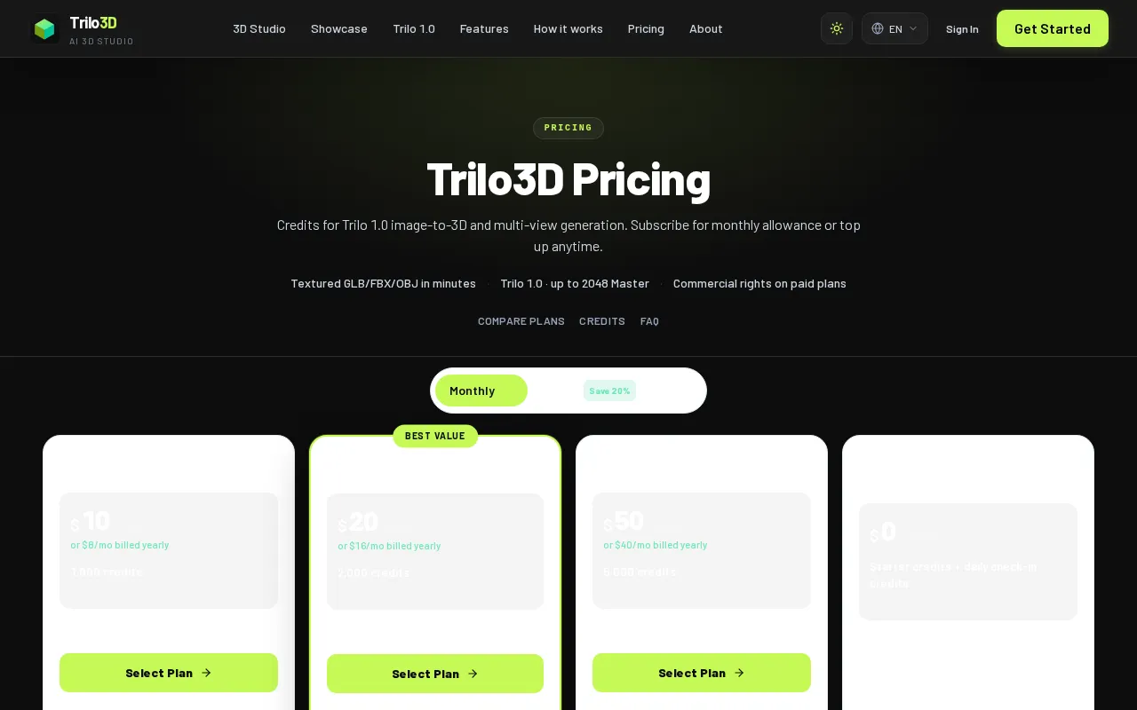 Trilo3D AI — pricing page