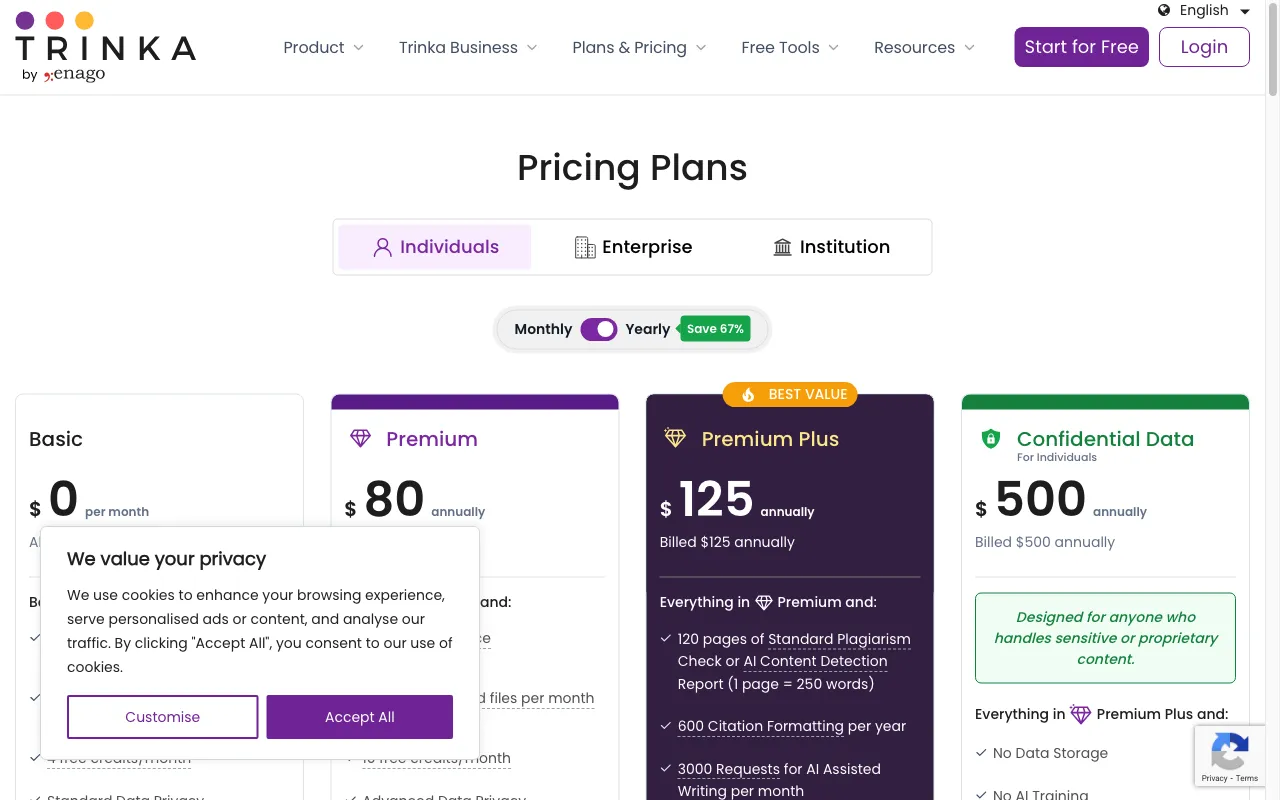 Trinka AI — pricing page