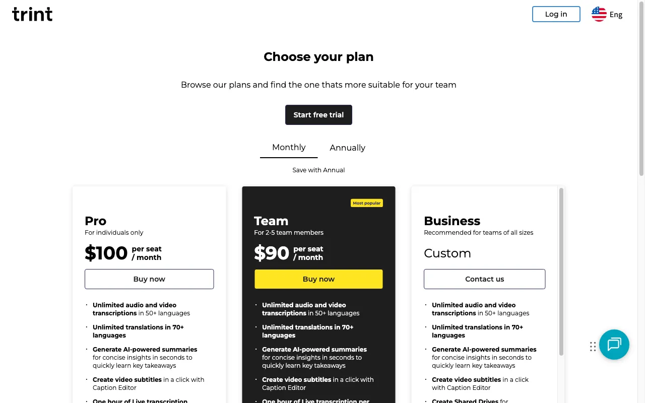 Trint — pricing page