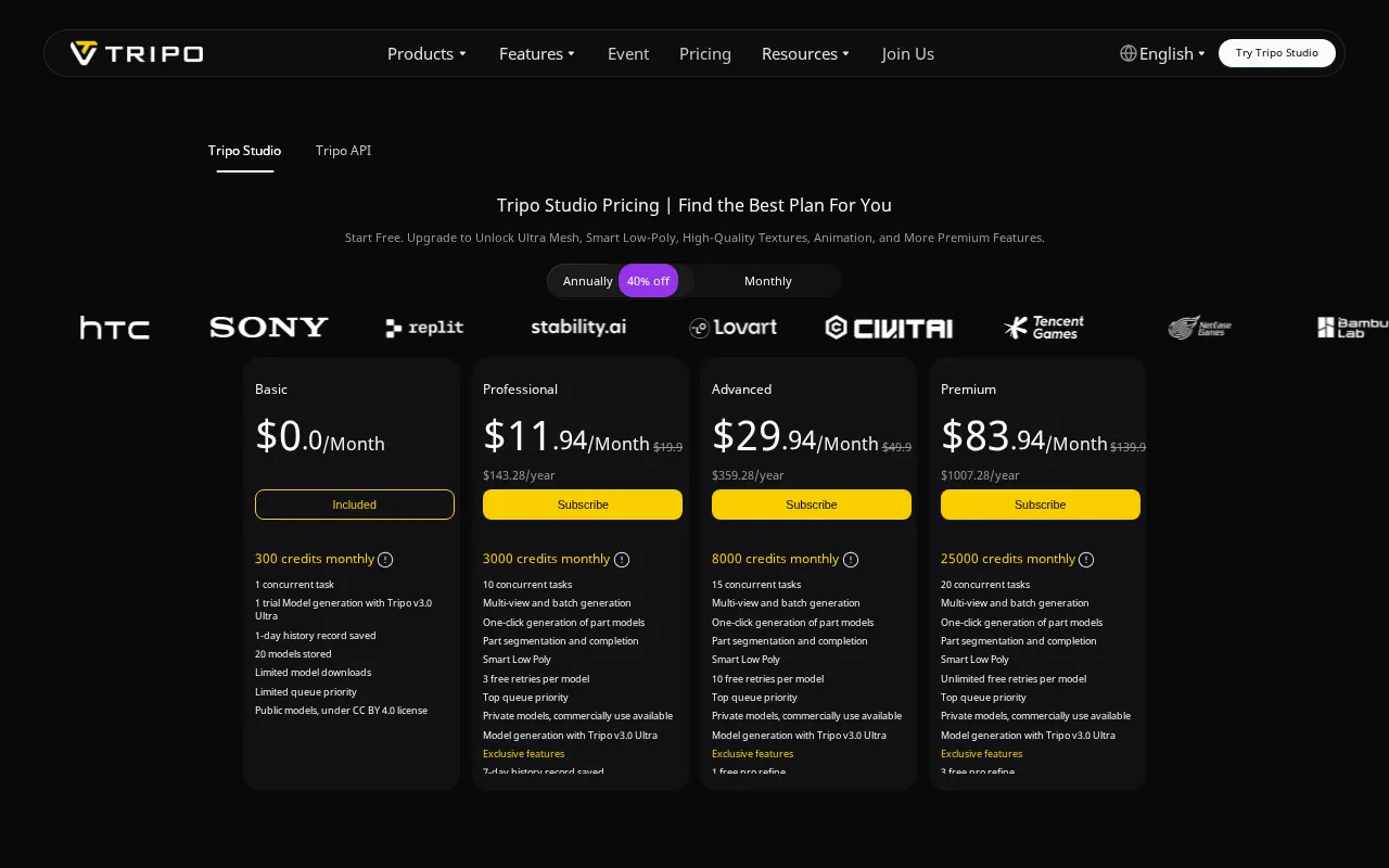 Tripo AI — pricing page