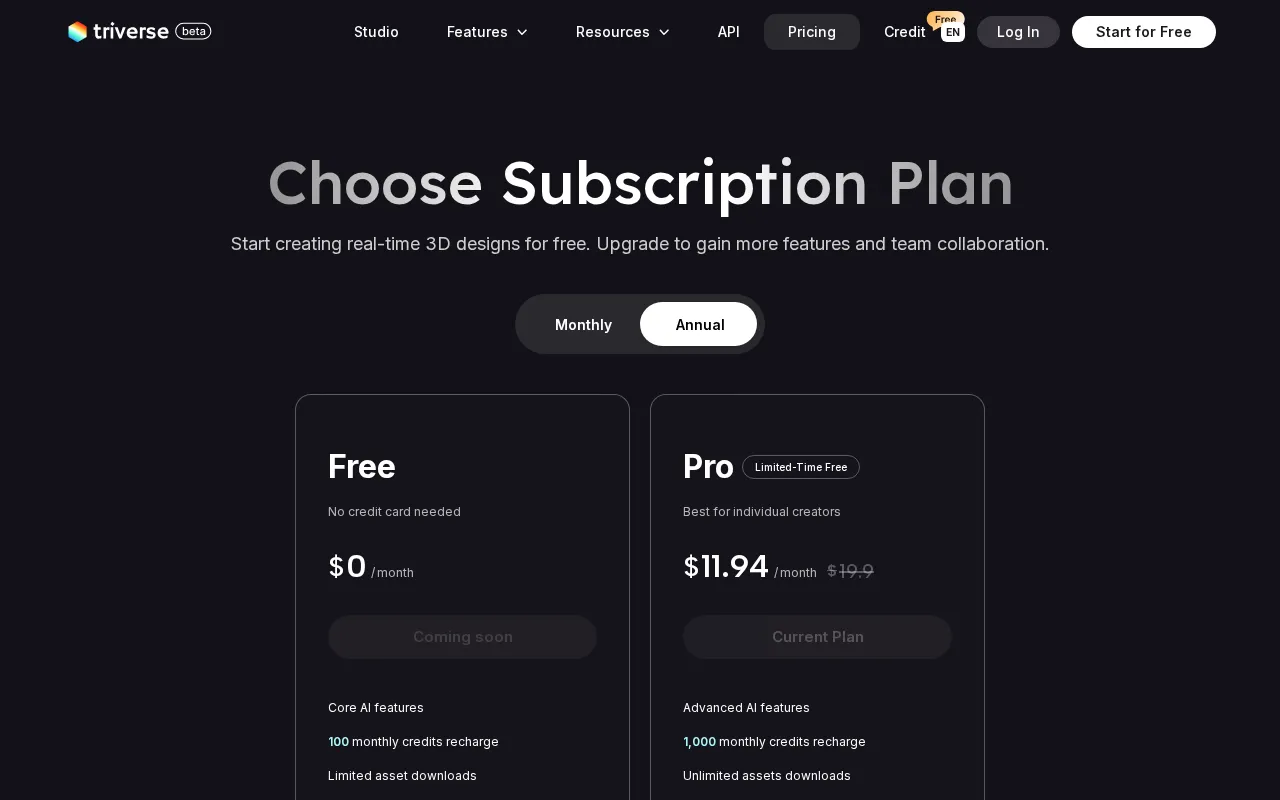 Triverse AI — pricing page