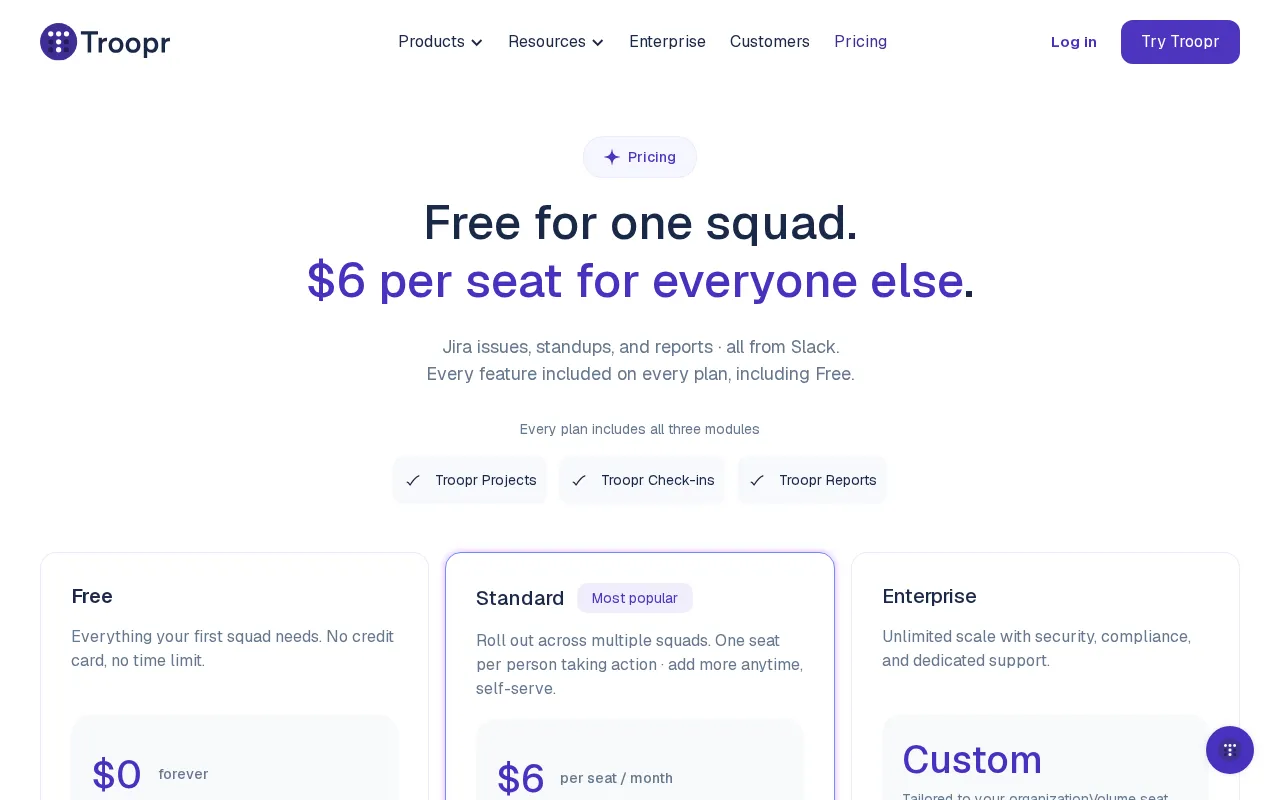 Troopr AI Scrum Master — pricing page