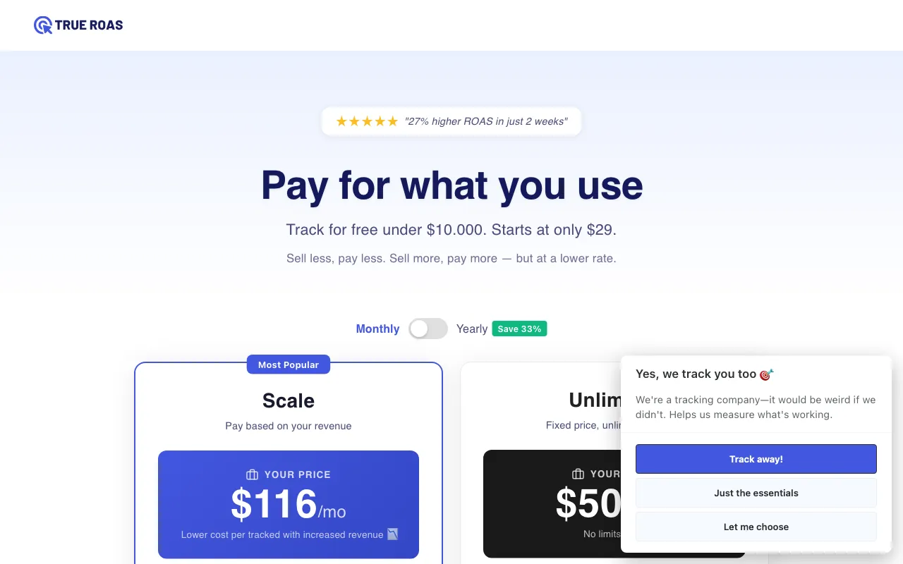 TrueROAS — pricing page