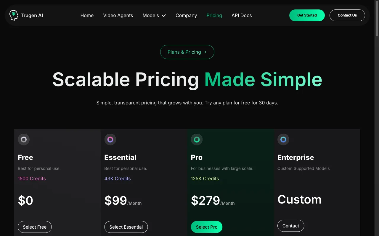 TruGen AI — pricing page