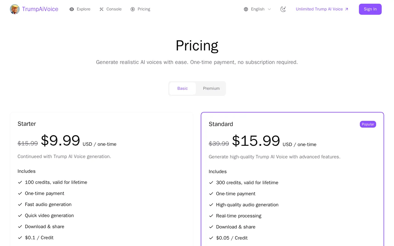 TrumpAiVoice — pricing page