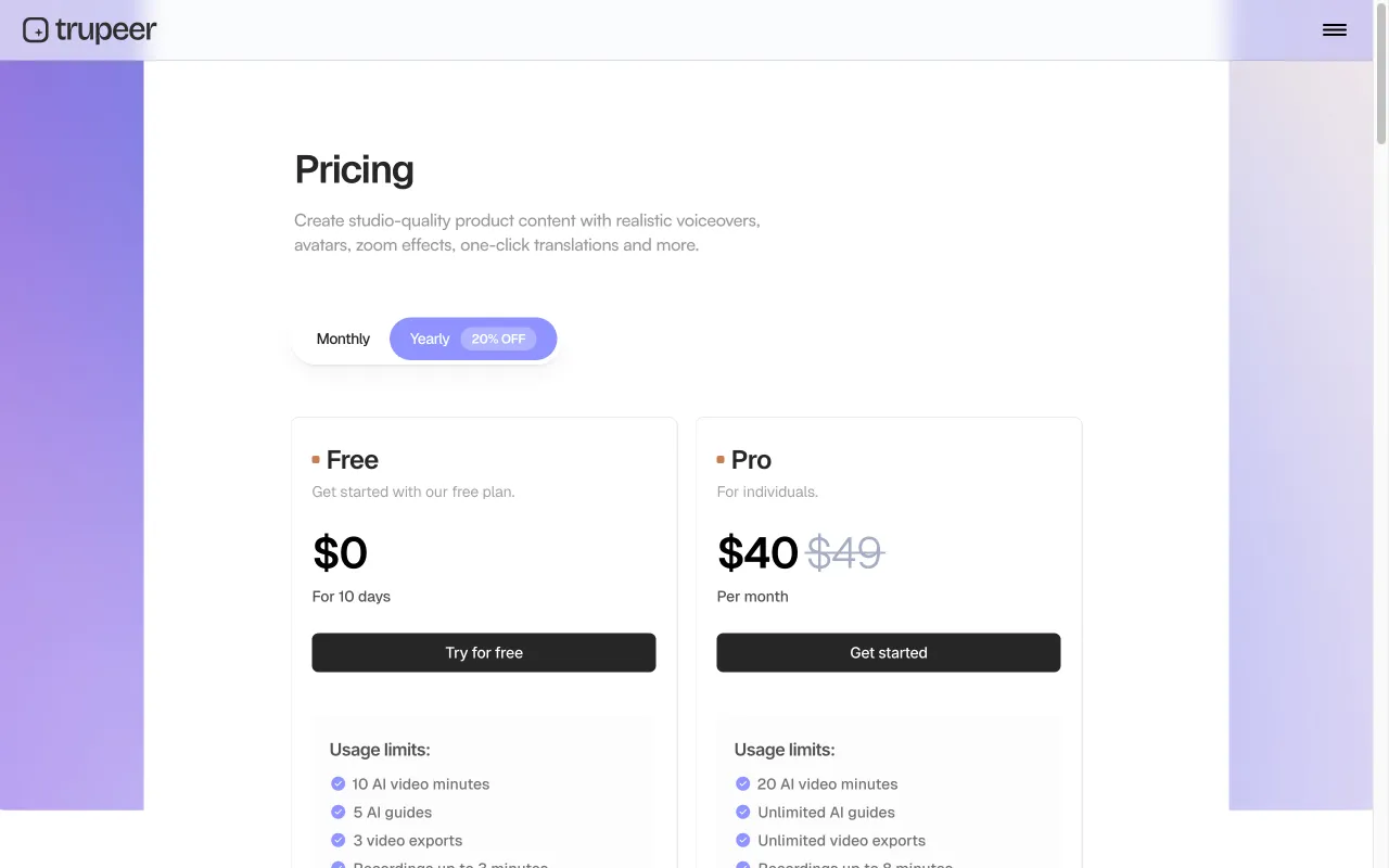 Trupeer — pricing page