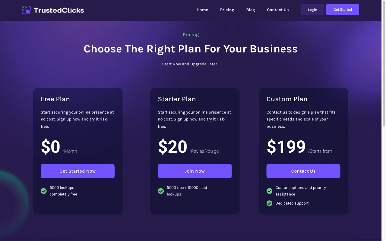 Trusted Clicks — pricing page