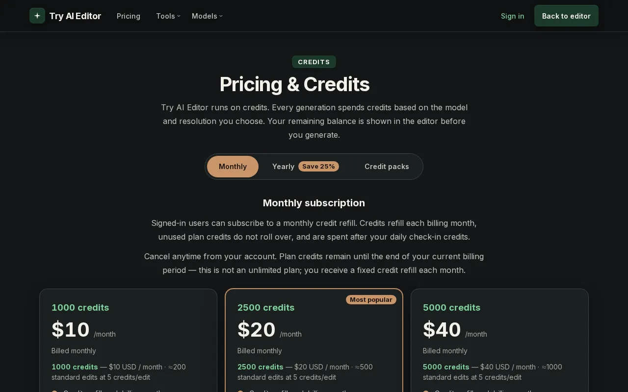 Try AI Editor — pricing page