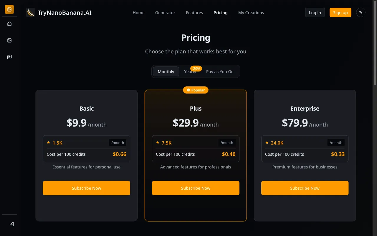TryNanoBanana.AI — pricing page