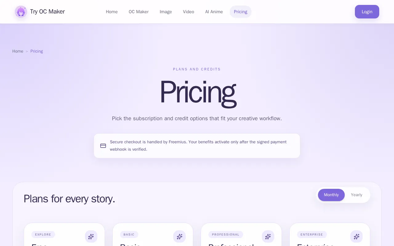 Try OC Maker — pricing page