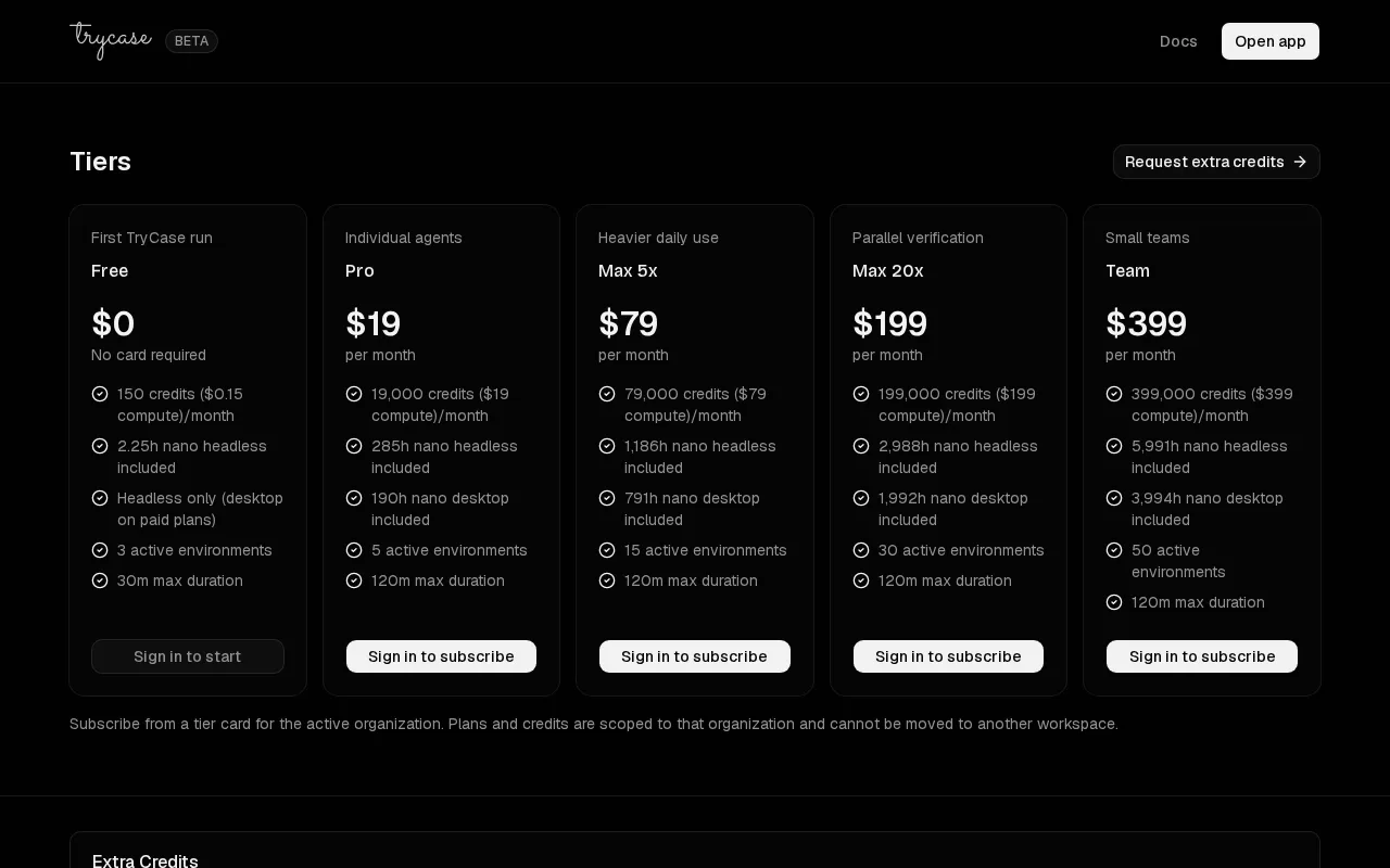 TryCase — pricing page