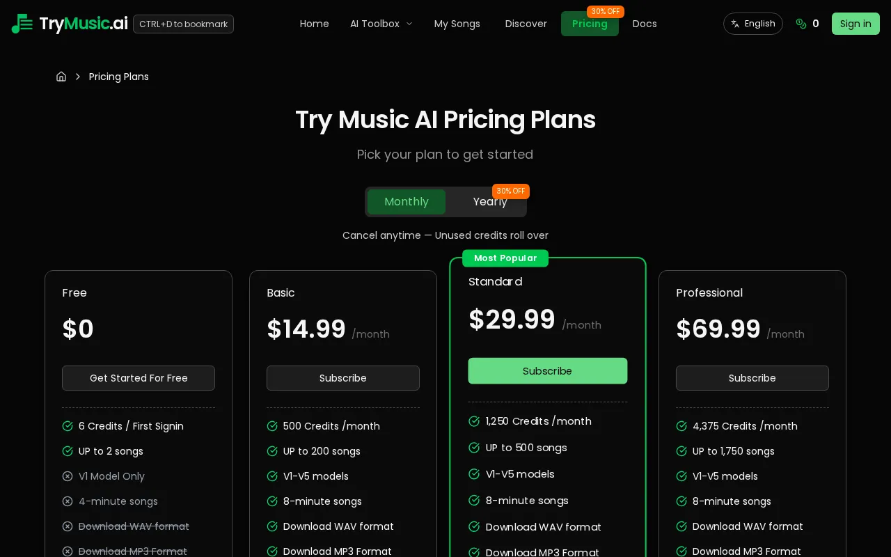 Trymusic AI — pricing page