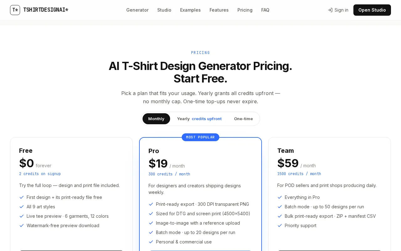 TshirtDesignAI — pricing page