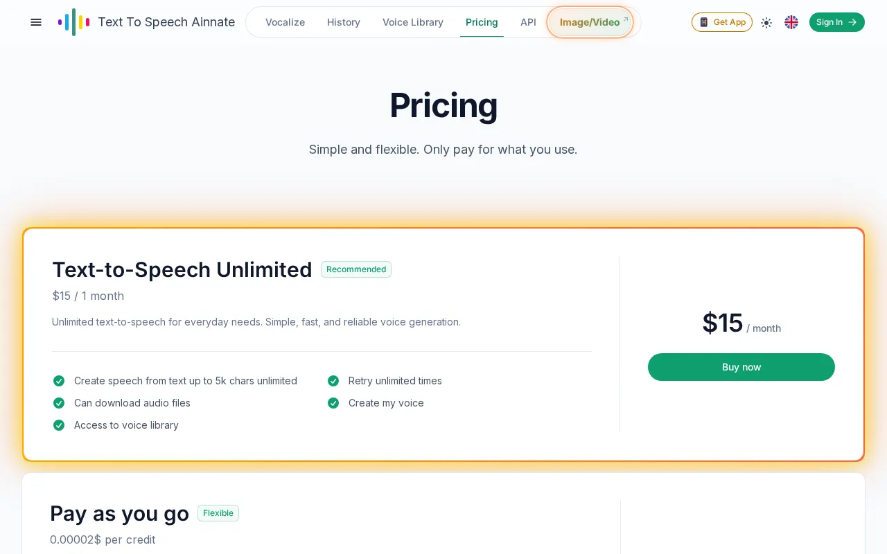Ainnate Text To Speech — pricing page