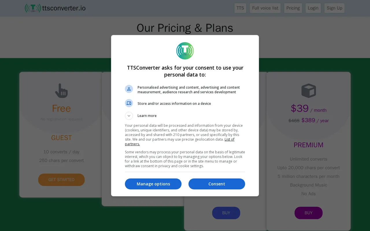 Ttsconverter — pricing page