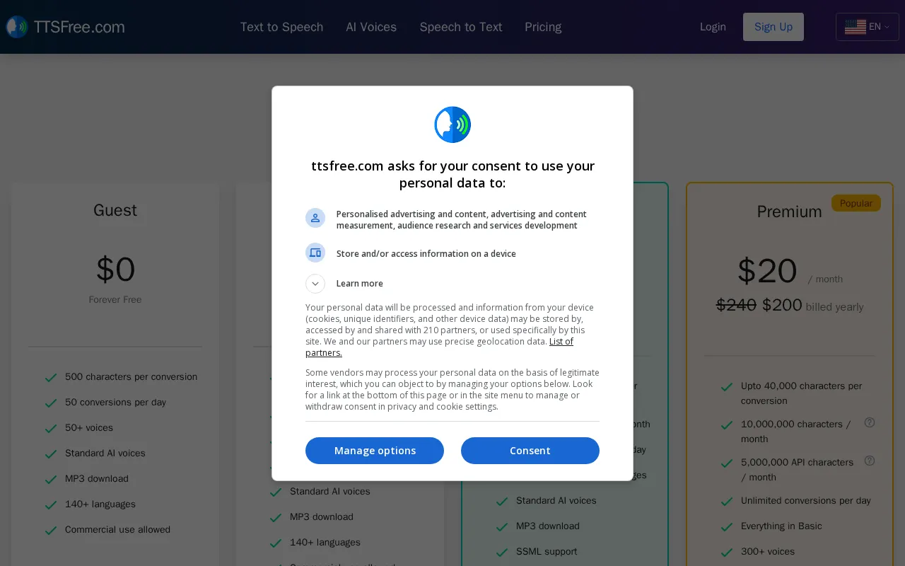 Ttsfree — pricing page