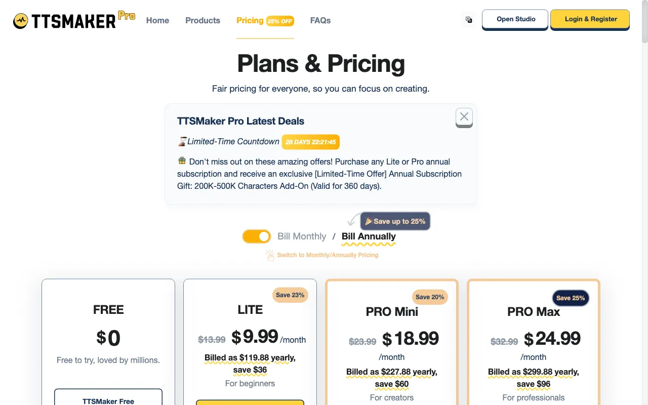 TTSMaker — pricing page