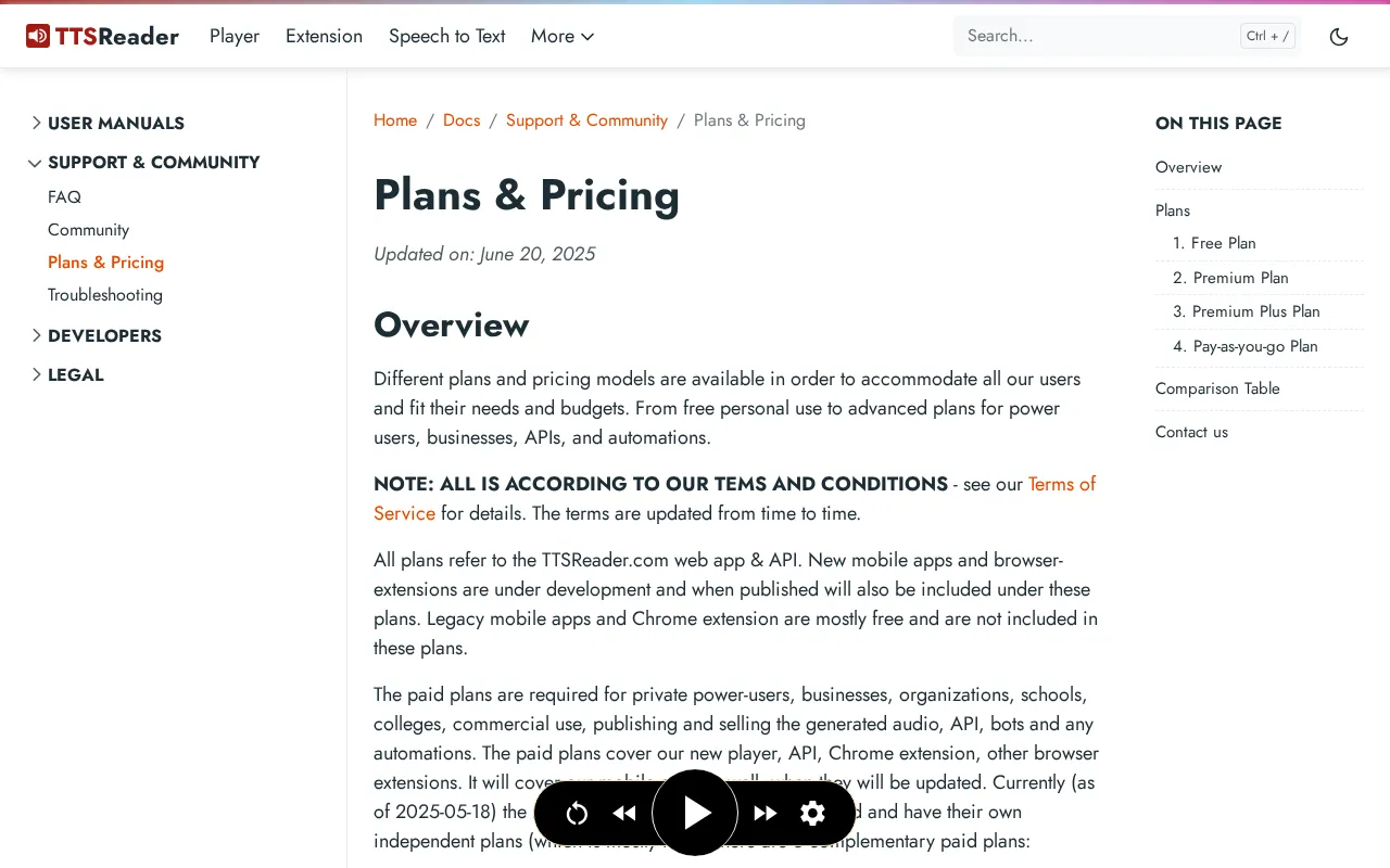 Ttsreader — pricing page