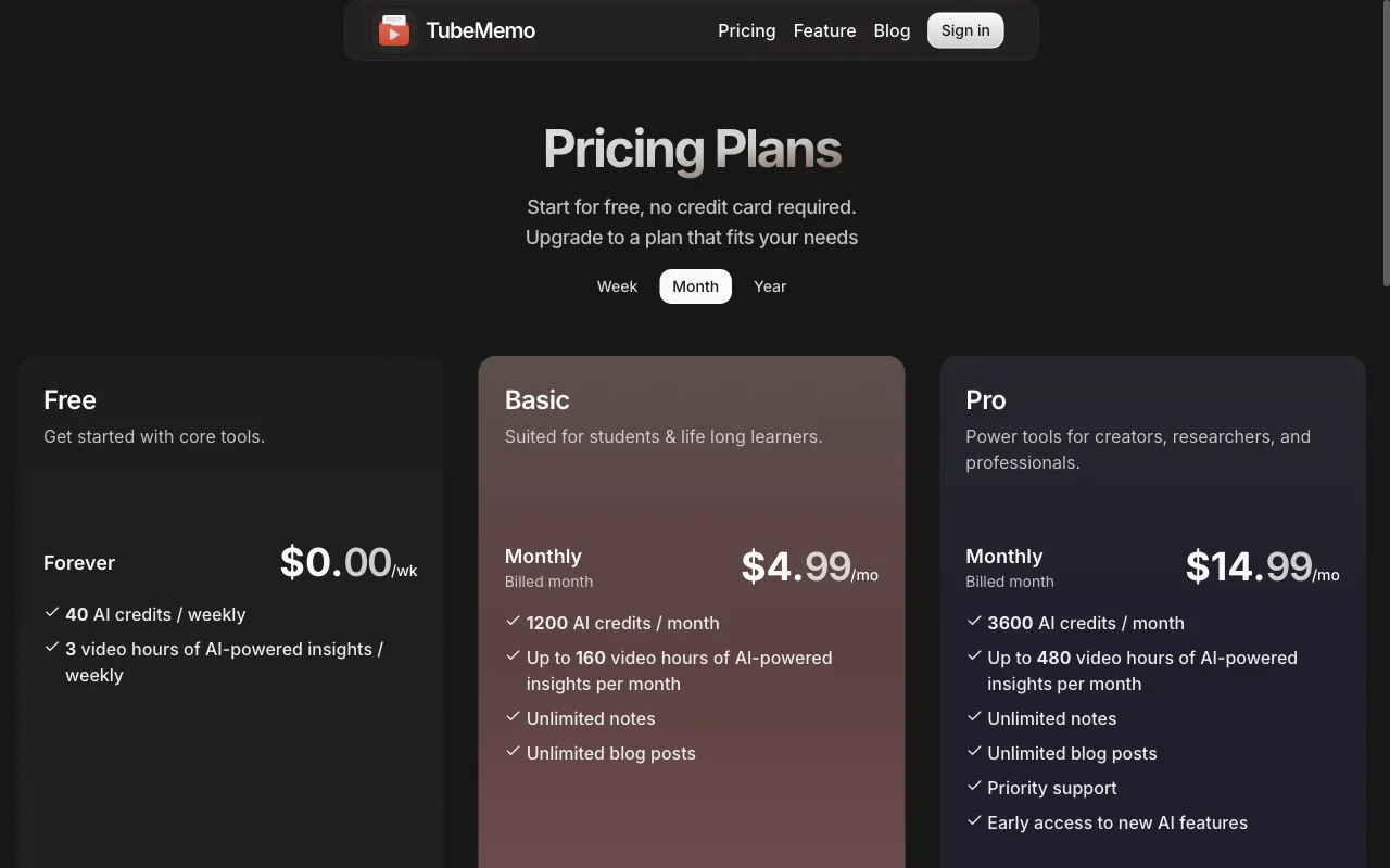 AI-Powered Video Notes & Summaries — pricing page