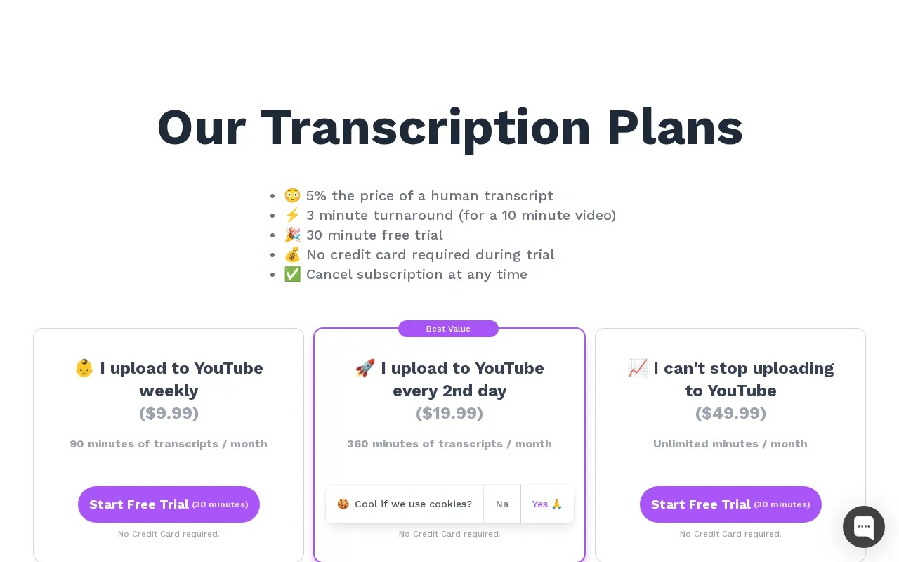 Tube Transcripts — pricing page
