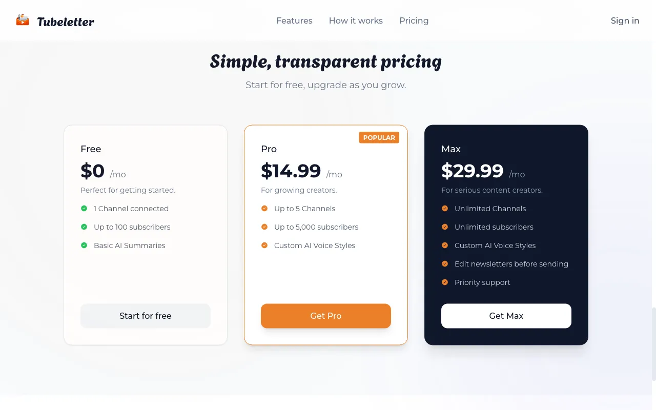 Tubeletter — pricing page