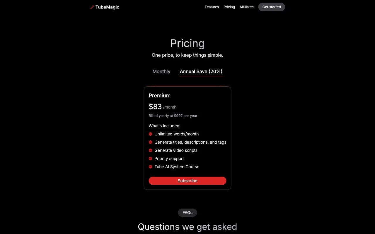 TubeMagic — pricing page