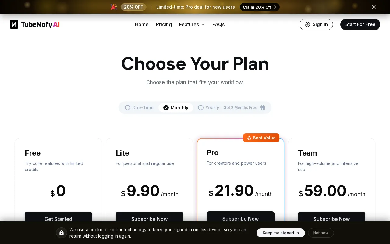 TubeNofy AI — pricing page