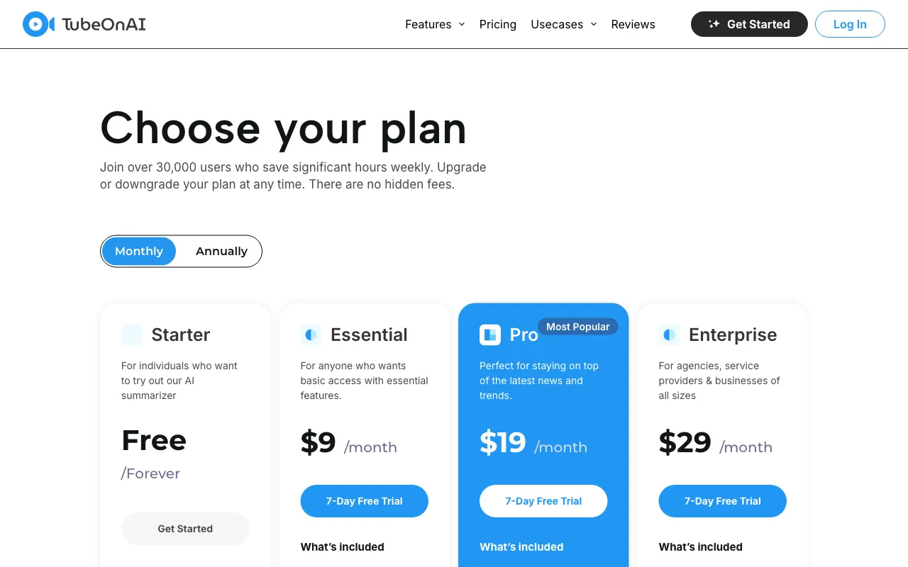 TubeOnAI — pricing page