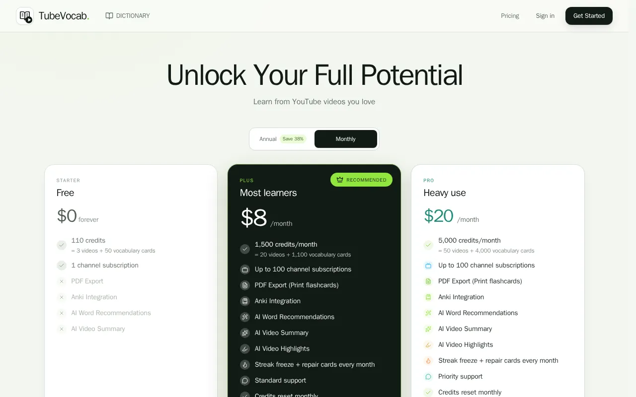 TubeVocab — pricing page
