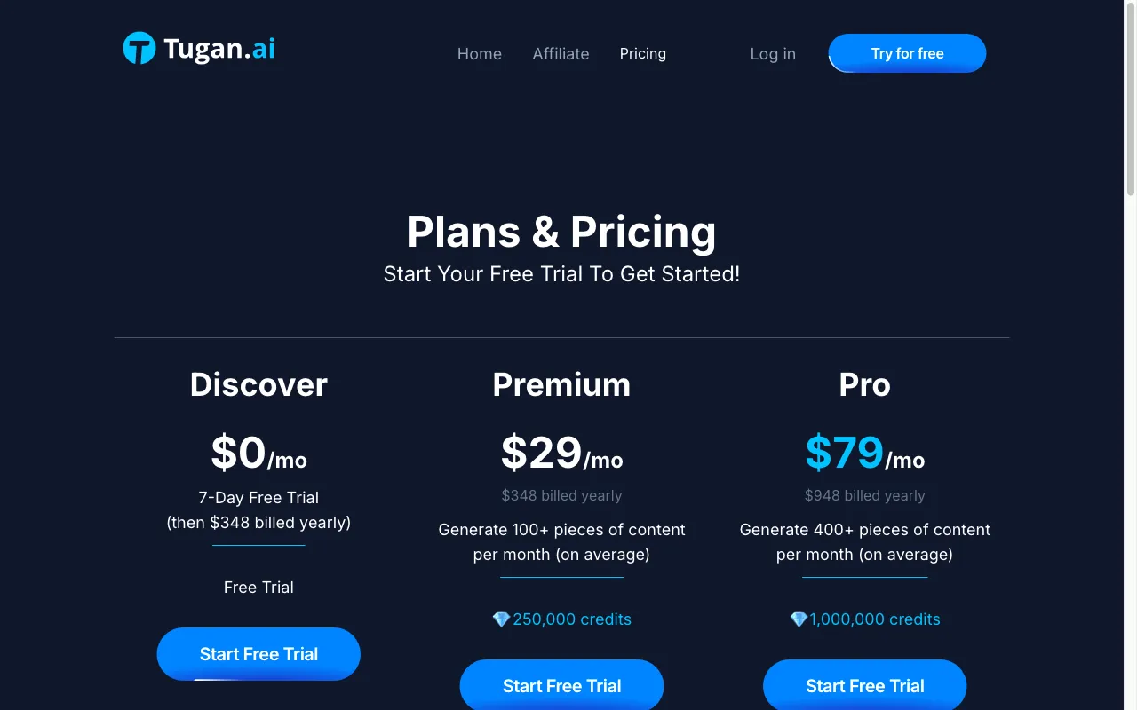 Tugan.ai — pricing page