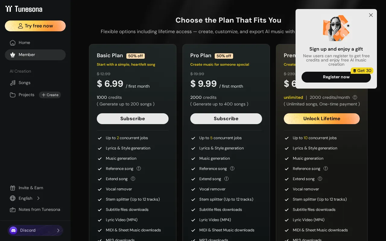 Tunesona AI Music Agent — pricing page