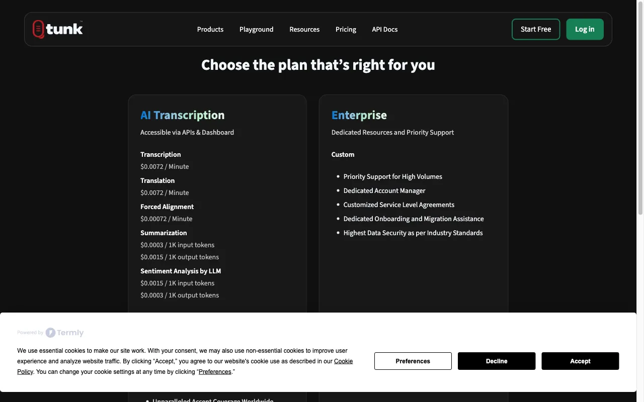 Tunk — pricing page