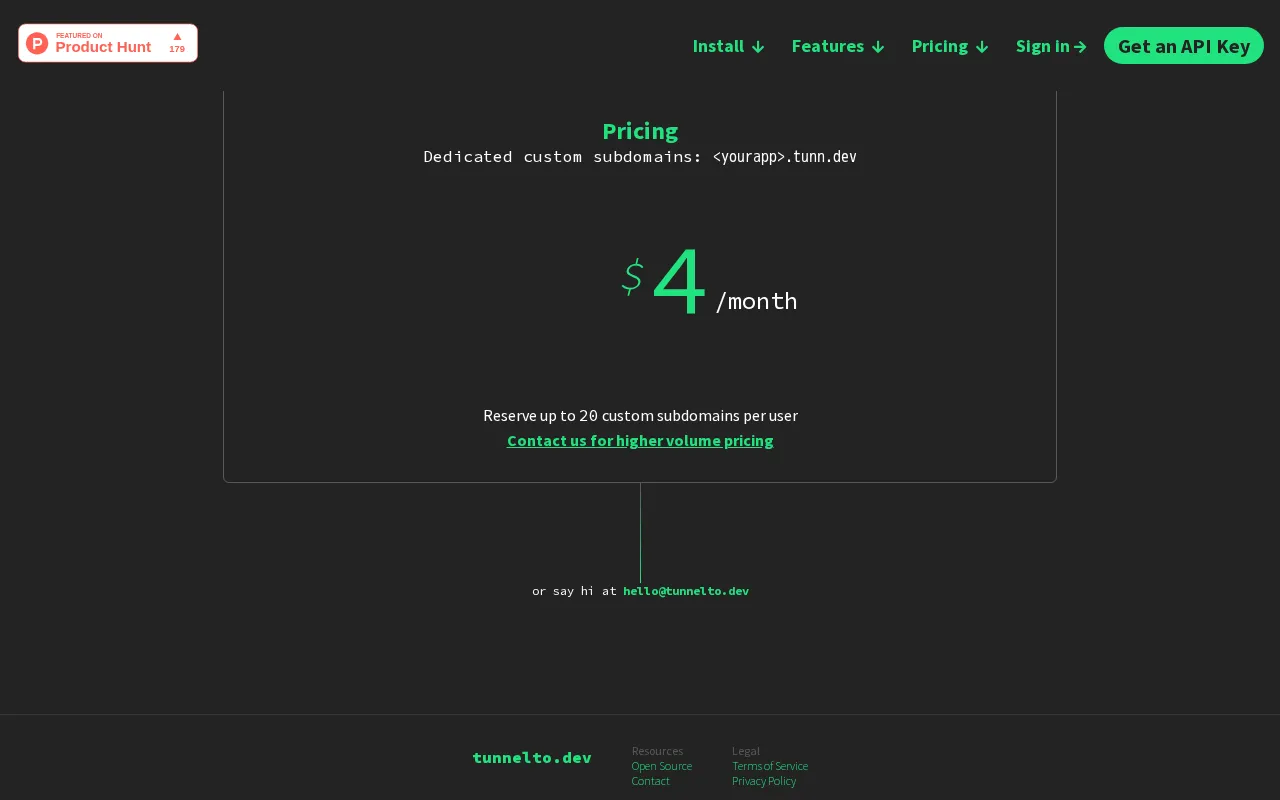 tunnelto.dev — pricing page