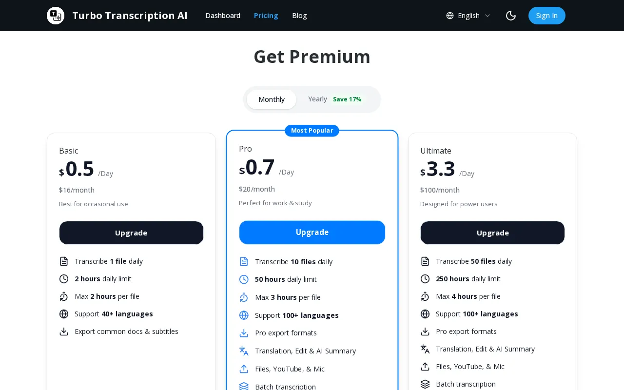 Turbo Transcription AI — pricing page