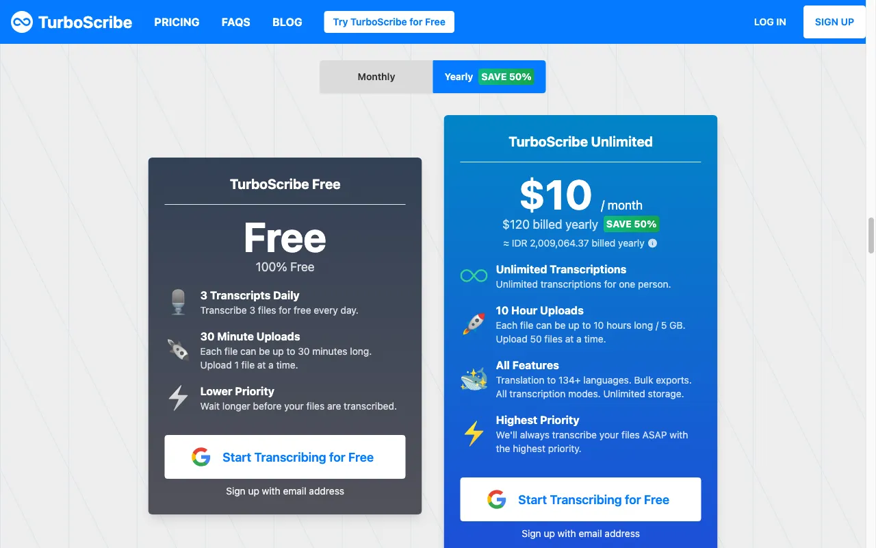 TurboScribe — pricing page