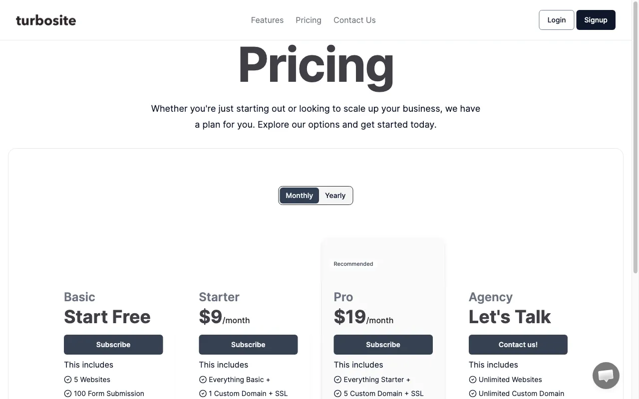 Turbosite — pricing page