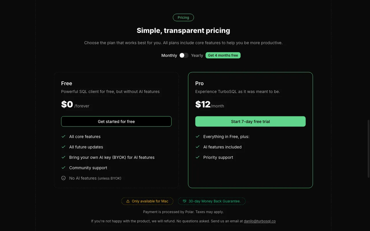 TurboSQL — pricing page