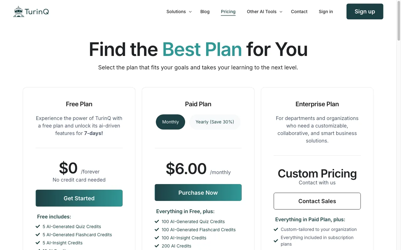 Turinq.com AI Question and Exam Generator — pricing page