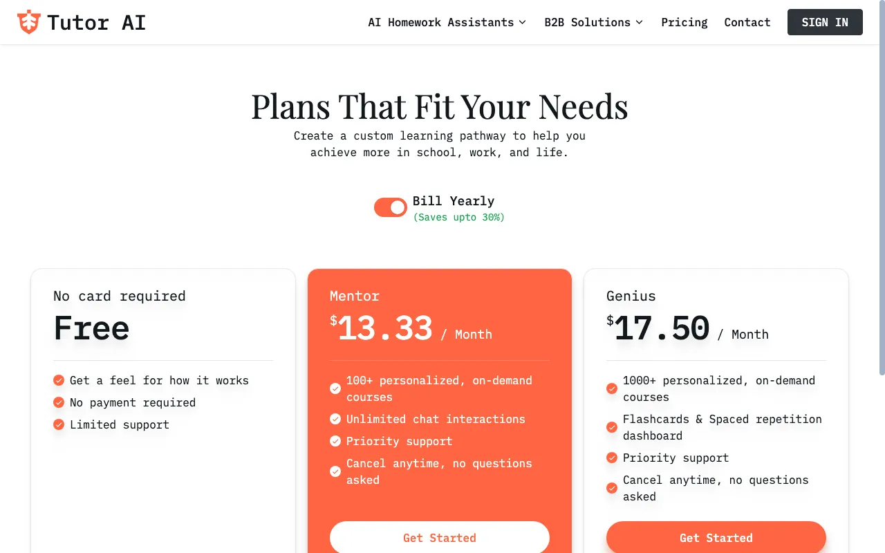TutorAI — pricing page