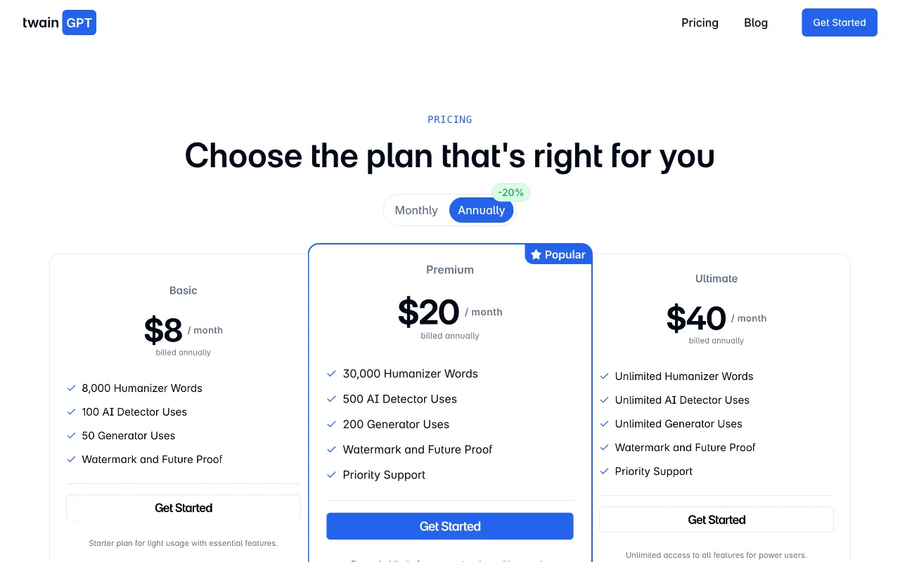 TwainGPT — pricing page