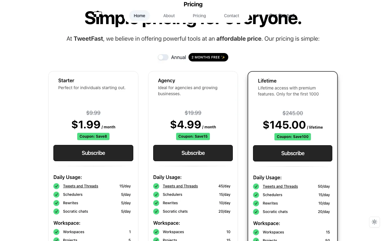 TweetFast — pricing page